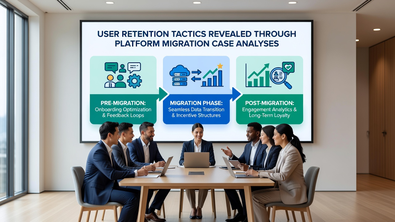 Case study infographic detailing user retention rates before and after platform migration with tactic highlights